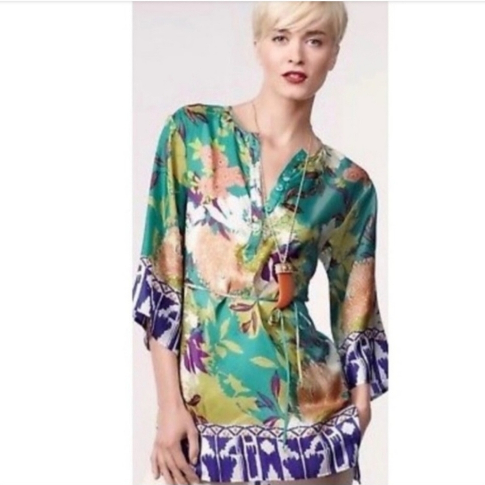 Cabi Poetry Silk Floral Office Outing Tunic Top sz S teal purple